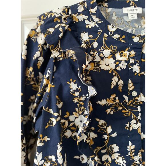 J Crew Shirt Women Medium Navy Gold Ruffle Trim Shoulder Chest Cotton Shirt - Picture 2 of 11